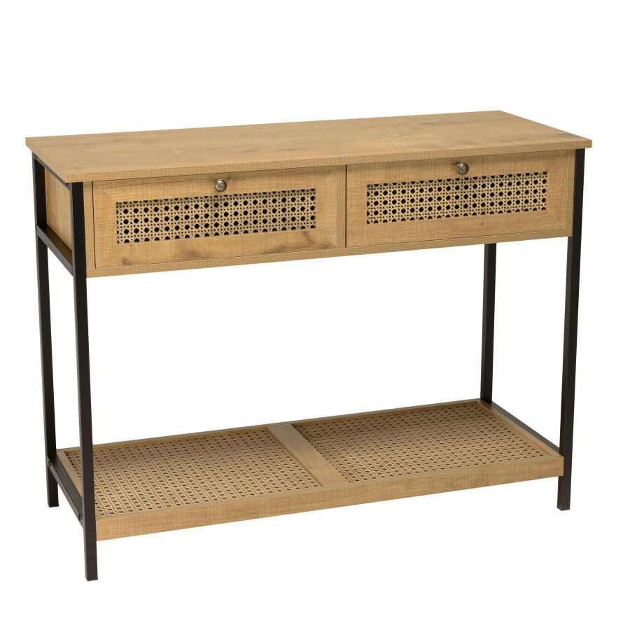 CHARLIE - Console marron 2 tiroirs 1 étagère cannage effet pieds métal noir