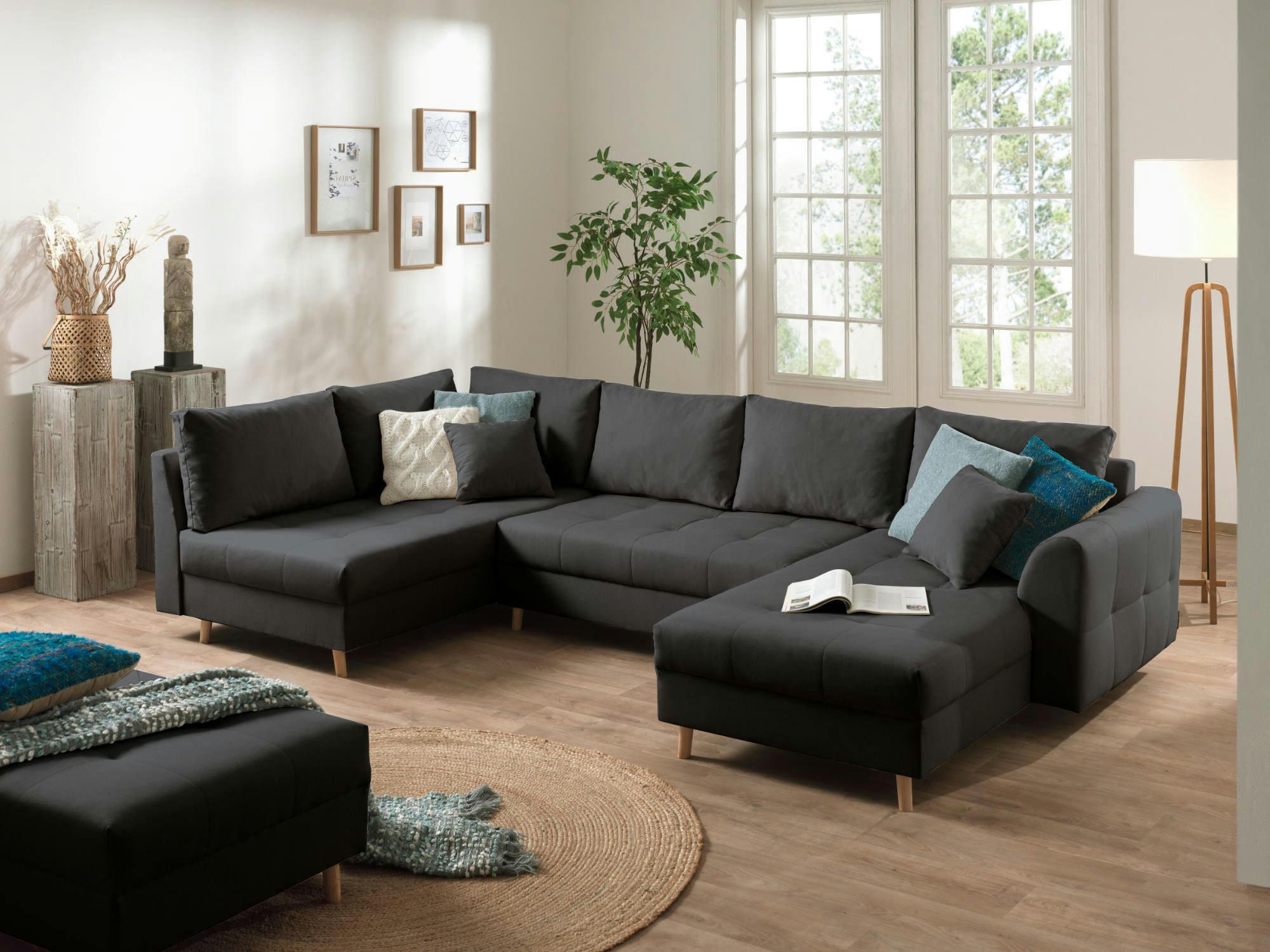 RUNE - Canapé panoramique 7 places angle gauche en tissu gris foncé