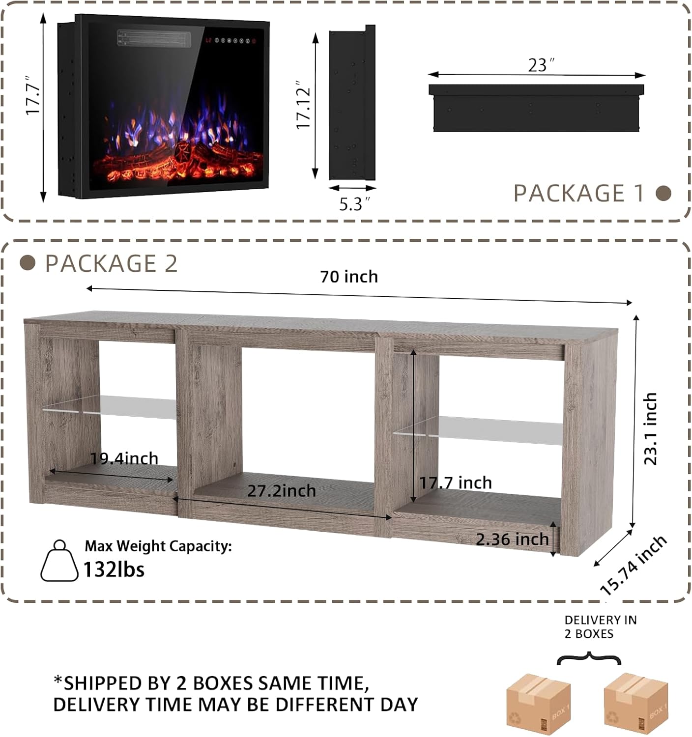 70 Fireplace TV Stand for TVs up to 80 Inches with 23'' Electric Fireplace Insert, Entertainment Center for Living Room, Gray