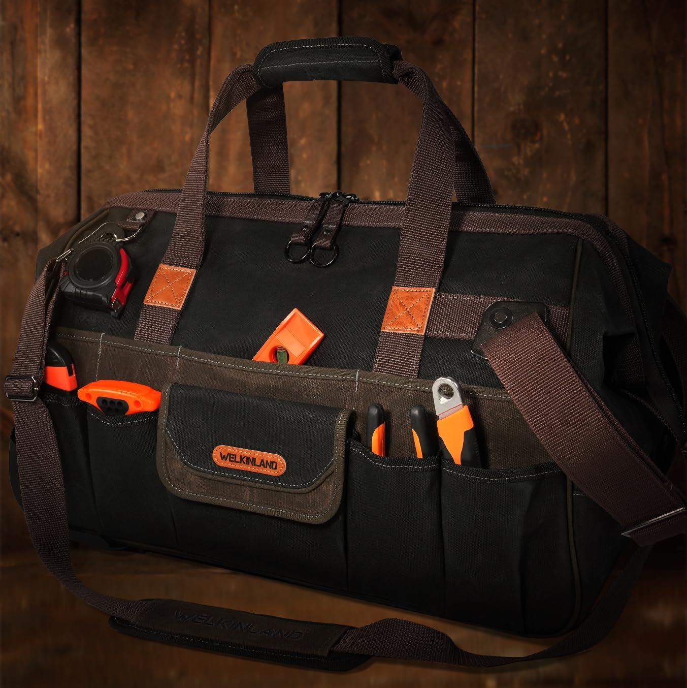 WELKINLAND 48Pockets Tool Bags With Wheels, 22Inch Rolling Tool Bag, Waxed Canvas Tools Bag Rolling Heavy Duty, Large Roll Tote For HVAC, Technician Rolling Tool Bag, Rolling Electrical Tools Bag