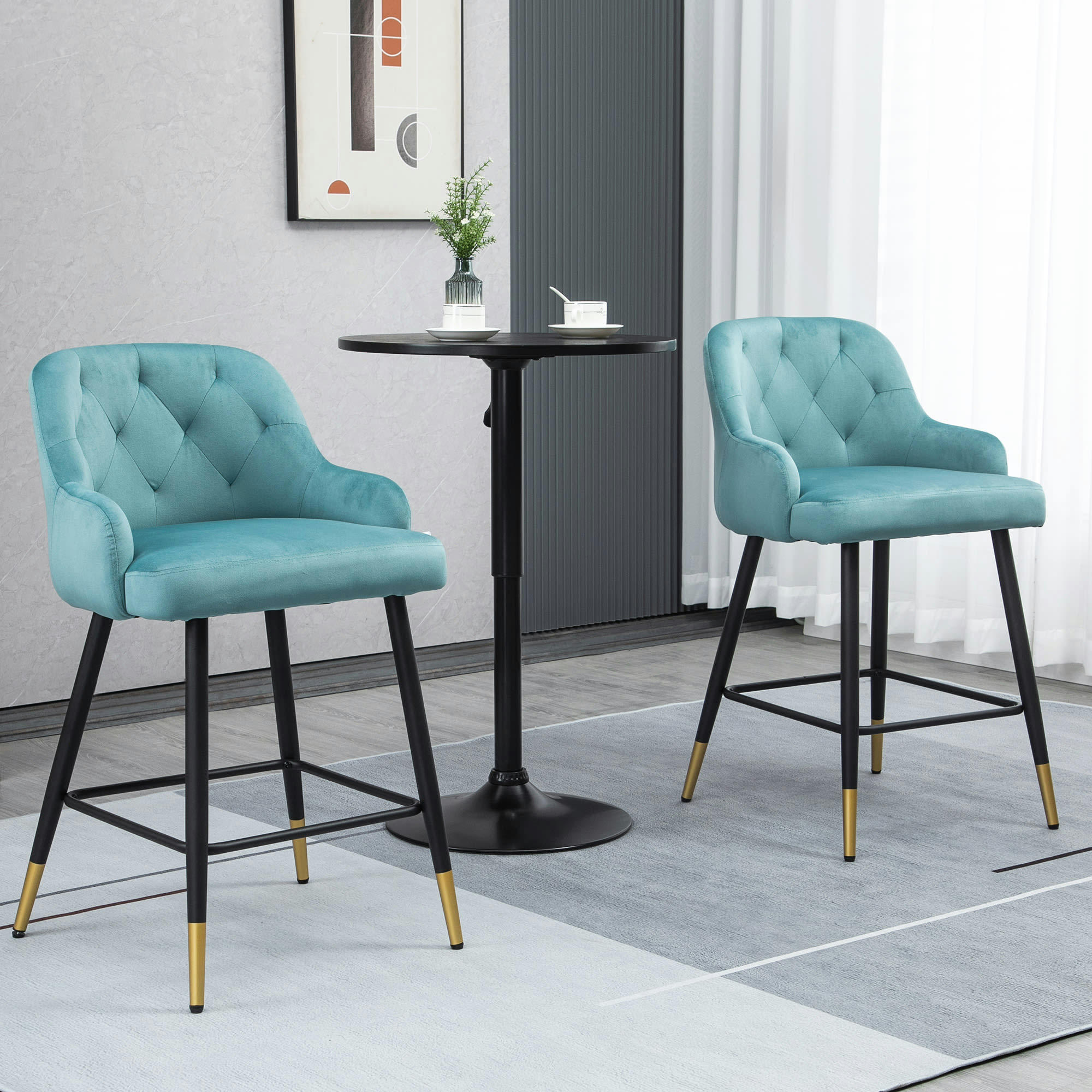- Lot de 2 tabourets de bar design Chesterfield effet capitonné bleu