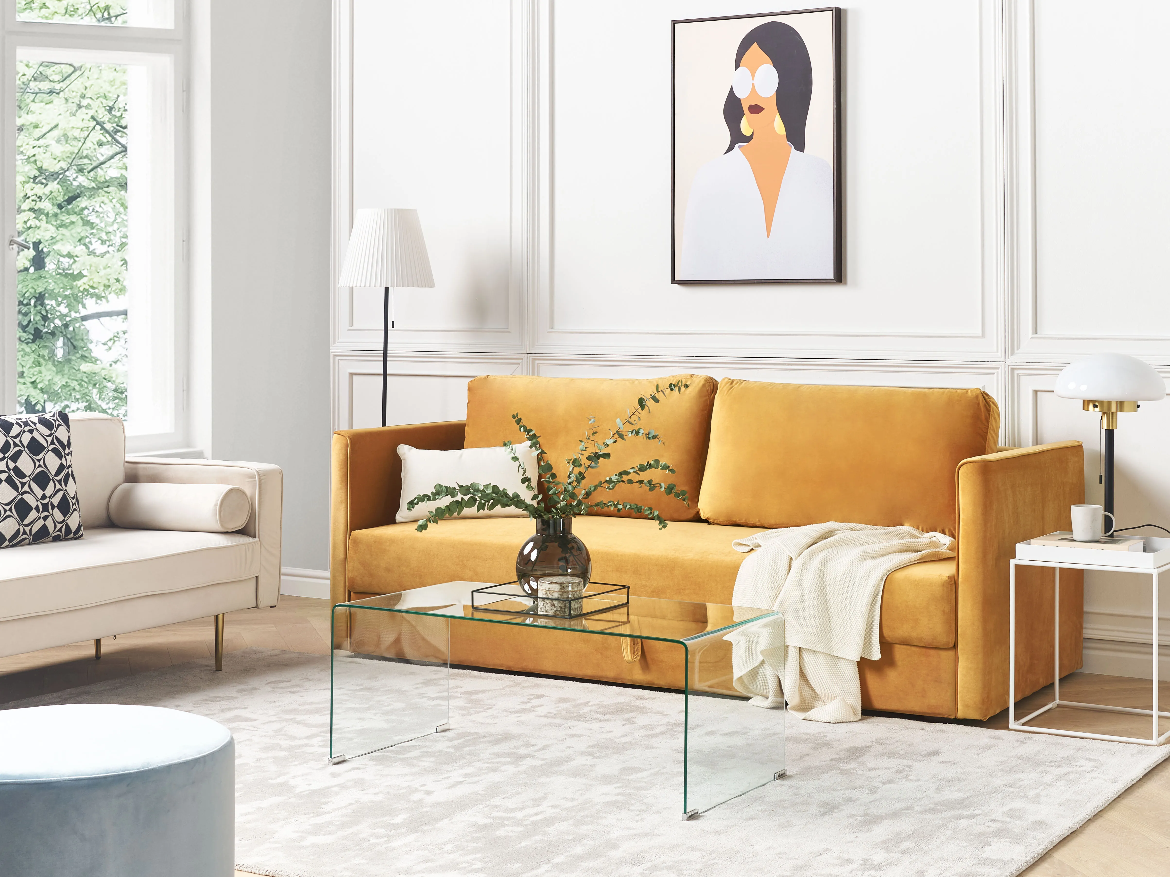 Sofa Bed 3 Seater EKSJO Velvet Mustard with Storage
