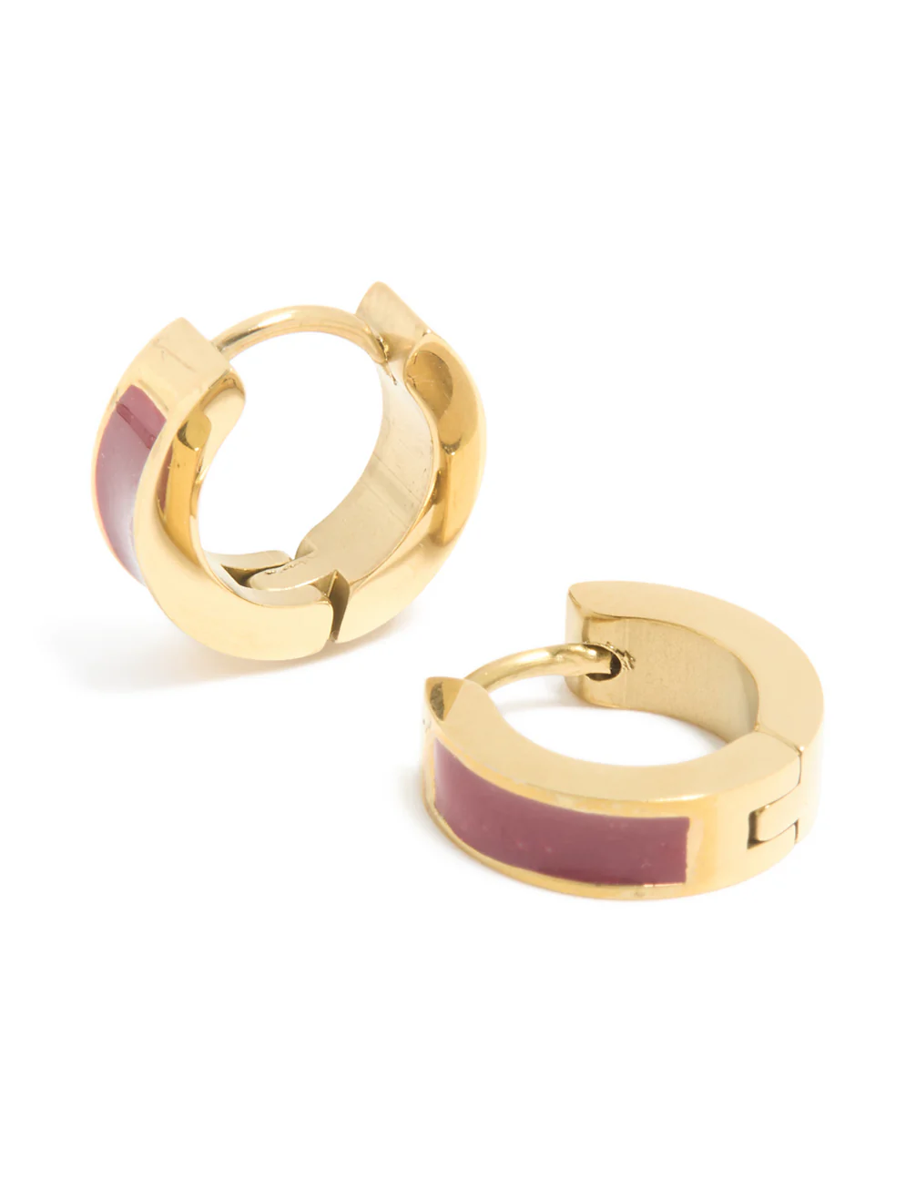 Waterproof Gold Plated Stainless Steel Small Burgundy Red Enamel Inlay Huggie Earrings