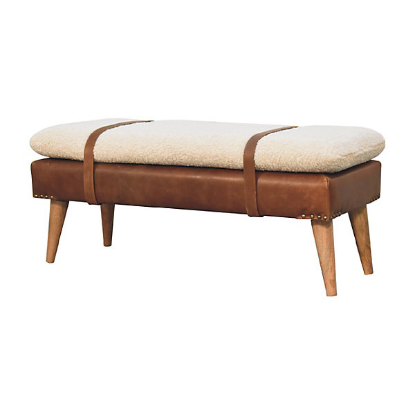 Artisan Furniture Bois massif rembourré bouclé peau de buffle cuir banc, beige