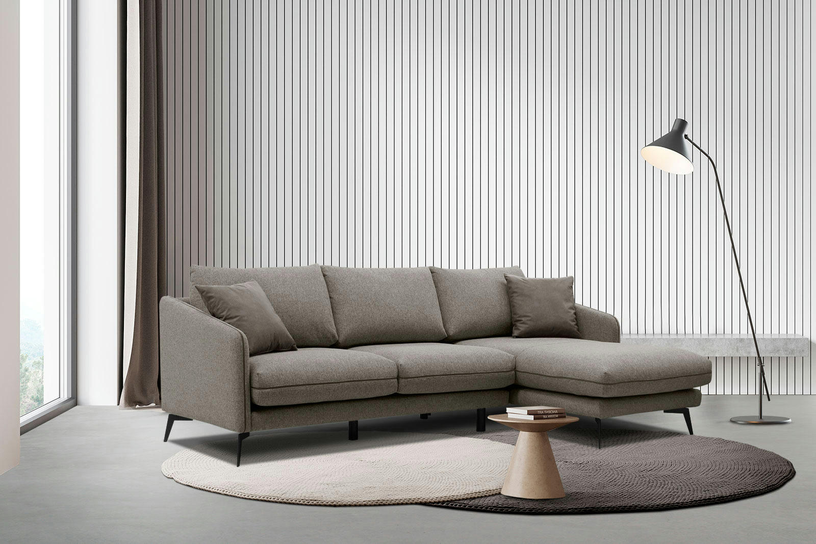 SOGEL - Canapé d'angle droit 4 places tissu taupe