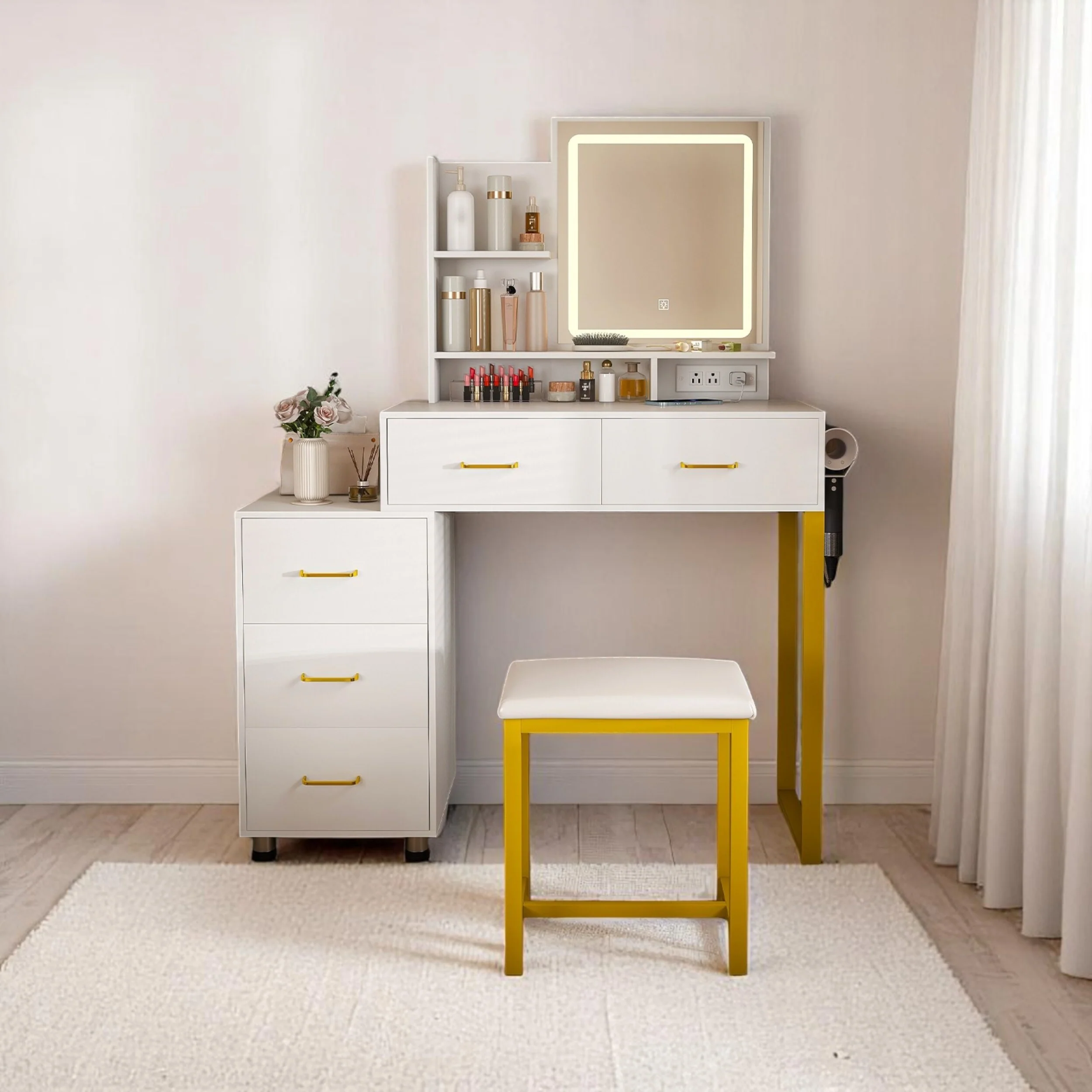 KISRAIS 31.5 Vanity Desk with Brightness Adjust LED Mirror, Cushioned Stool, Power Station, and Hair dryer bracket