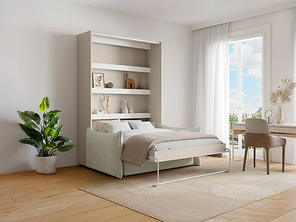 Lit escamotable 160 x 200 cm - Ouverture verticale manuelle - Avec LEDs - Beige   Canapé   Matelas - RAPILI