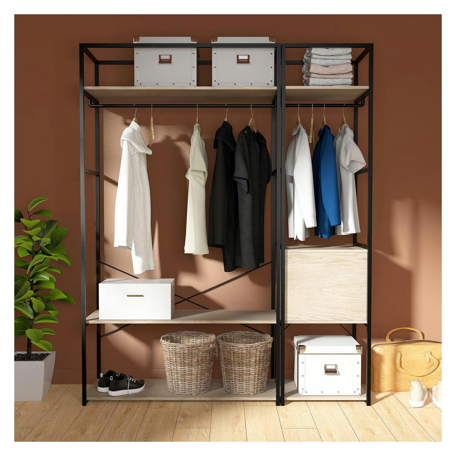 JUNE - Portants Vêtements en bois et métal noir avec module fermé - Lot de 2