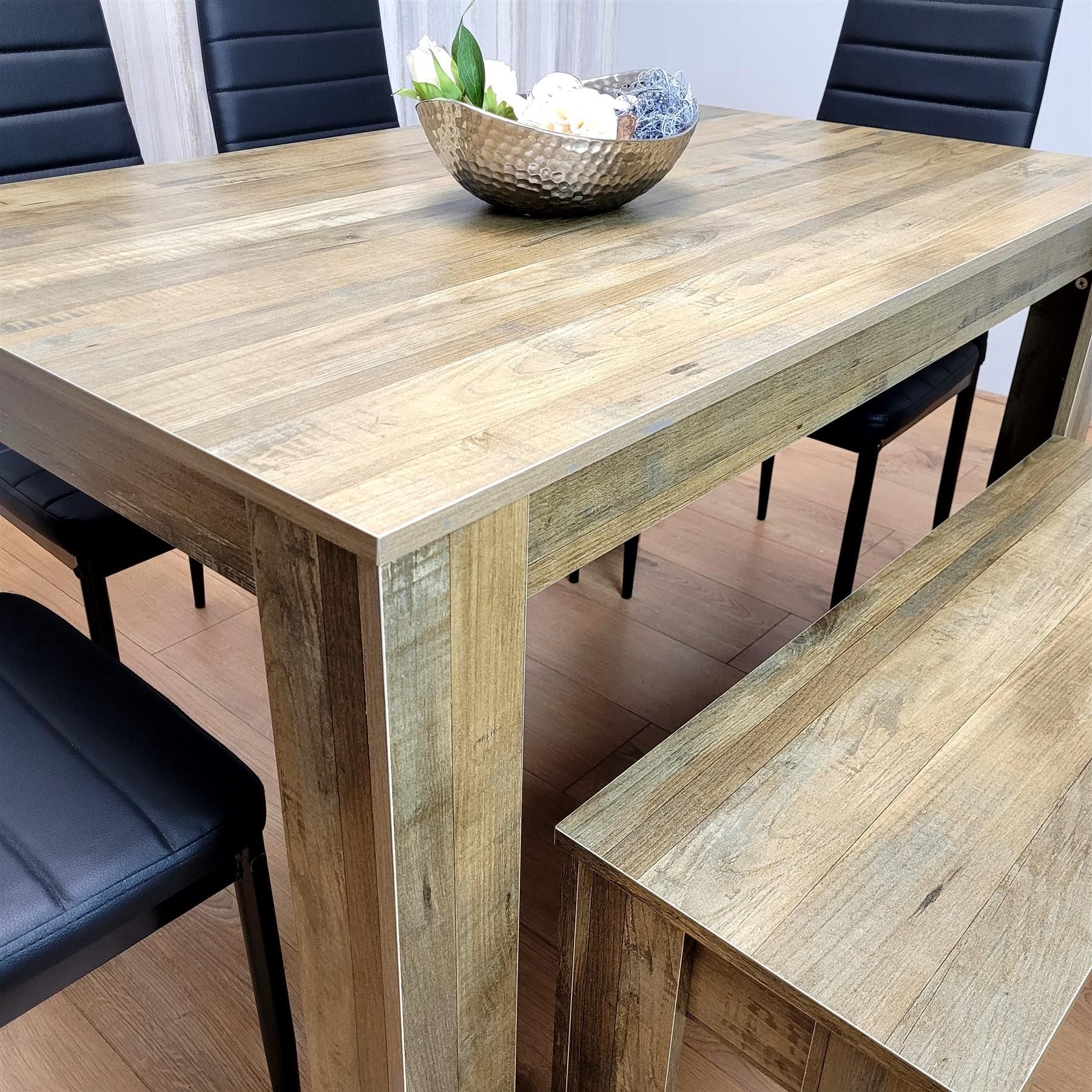 KOSY KOALA Wooden Dining Table Set for 6 - Rustic Effect Table With 4 Black Chairs and 1 Bench Dining Room Furniture