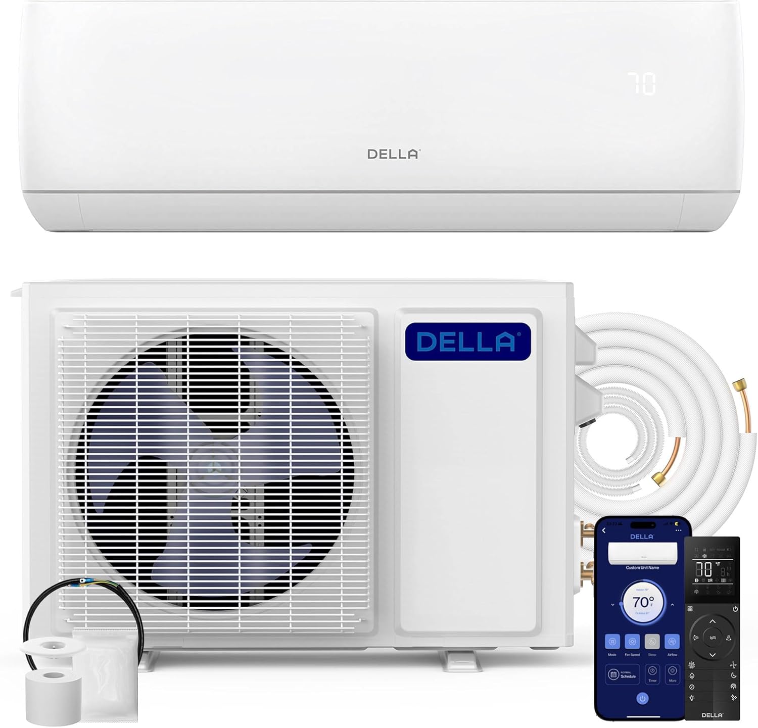 DELLA Motto Series 12000 BTU 20 SEER2 115V Mini Split AC, Cools Up to 550 Sq.Ft, Works with Alexa and Wifi, Ductless Inverter System Air Conditioner, Pre-Charged Heat Pump and 16.4ft Kits