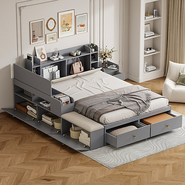 Lit combiné 140x200 cm en bois massif avec tête de lit rangement tiroirs table de chevet armoire et banquette gris