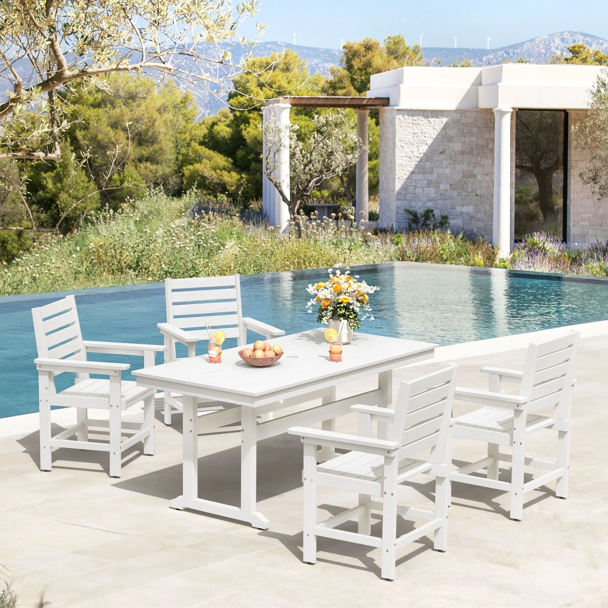 A 66.1-inch HDPS Outdoor Rectangular Table With Umbrella Holes - 32.7 W x 66.1 L x 30.1 H