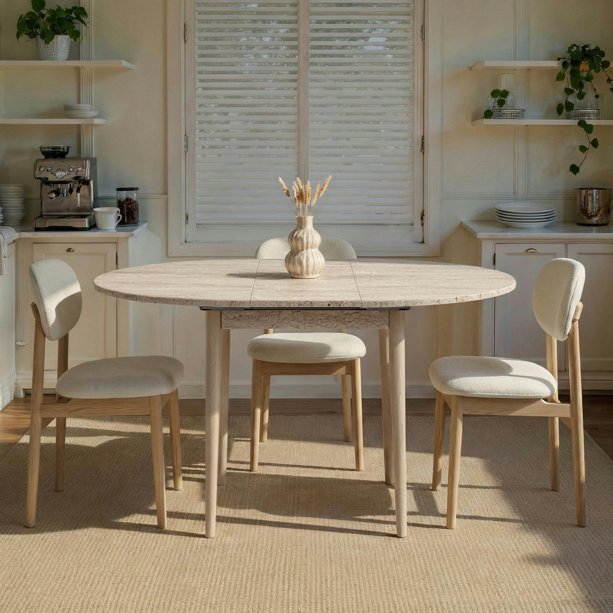 Table ronde extensible effet travertin et bois 100-131 cm MARFA