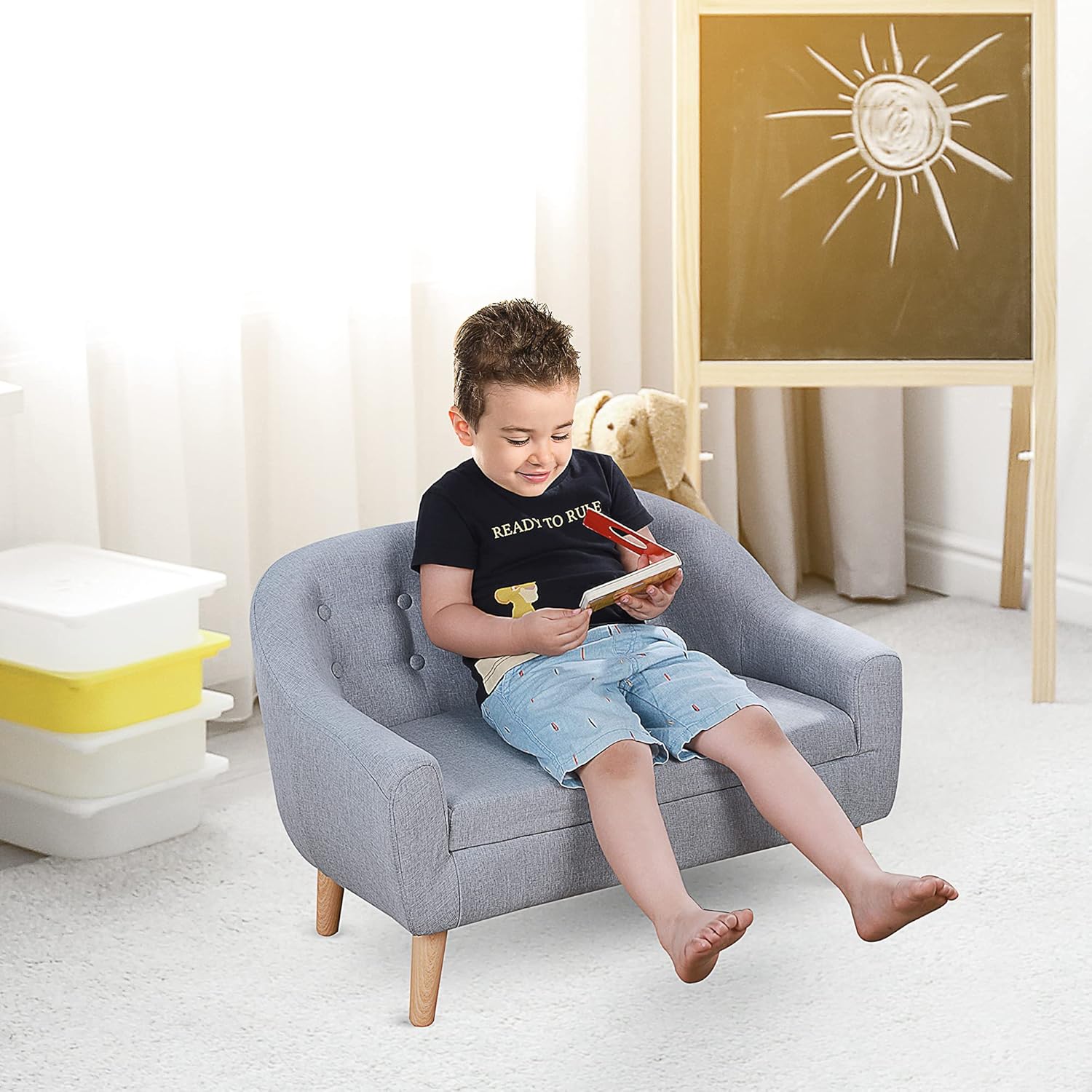 Qaba 2-Seat Kids Sofa, Toddler Sofa Couch, Linen-Like Fabric and Wooden Frame Sofa Chair for Ages 3-7, 11 High Seat, Gray