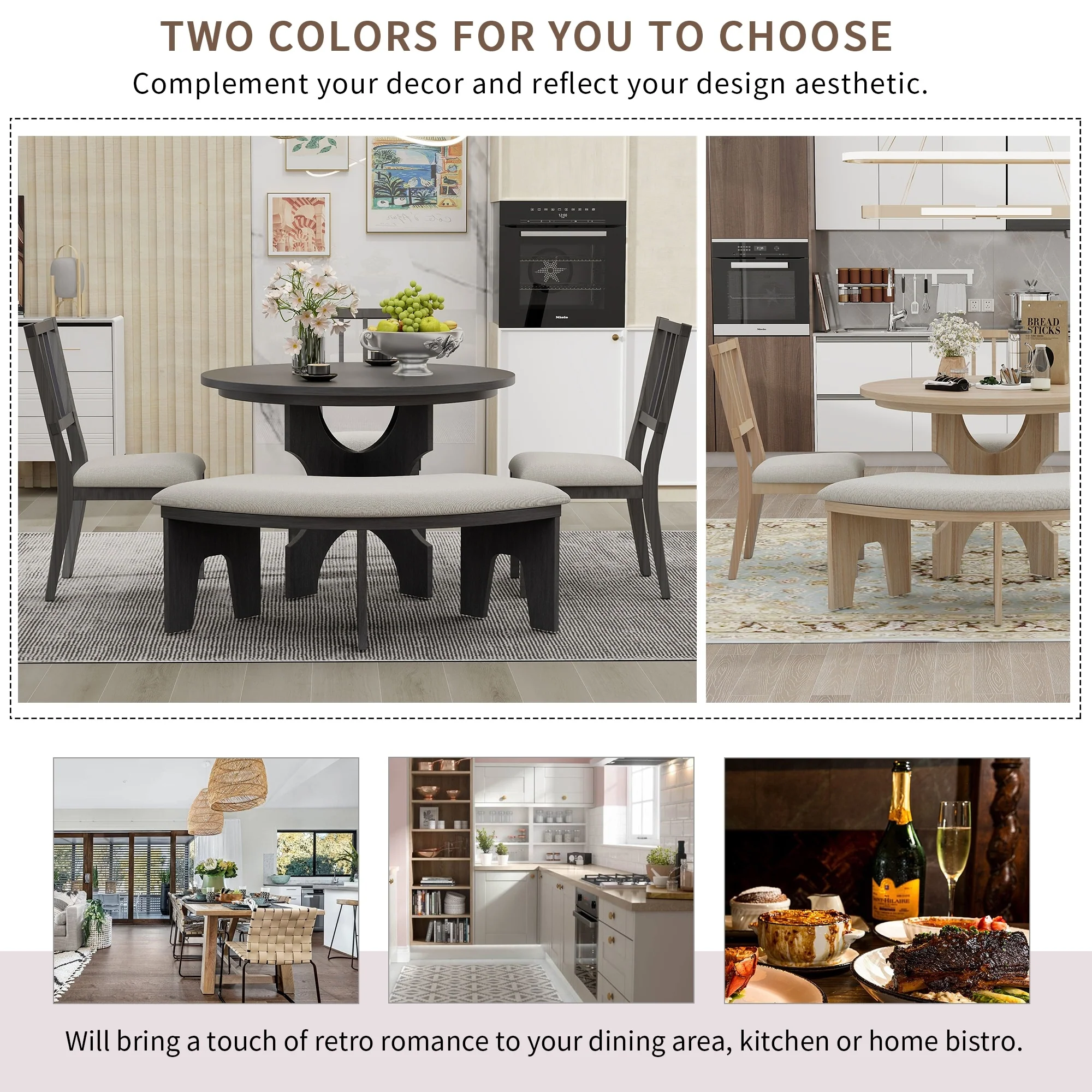 Rustic Style 5-piece Dining Set with Round Table, 3 Upholstered Chairs and Side Chairs