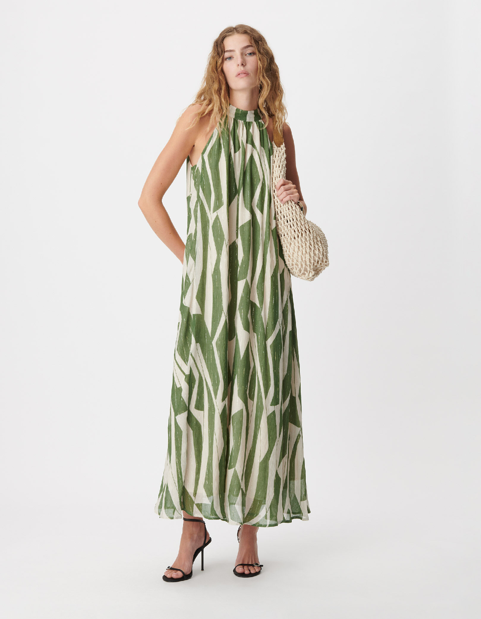 Robe longue verte imprimé graphique Femme
