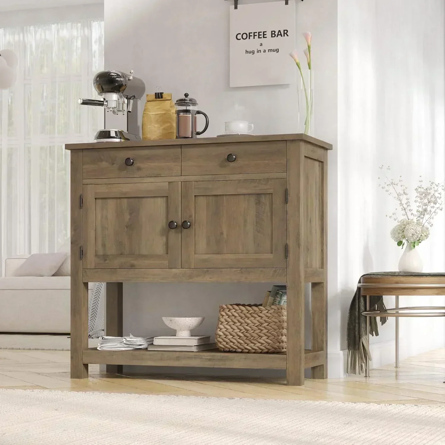 Farmhouse style console table coffee bar entry table with storage rack sofa table