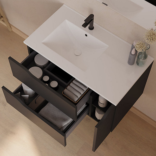 Meuble sous vasque seul, 2 tiroirs et 1 porte, 80cm, vasque déportée gauche - noir - ZARZA