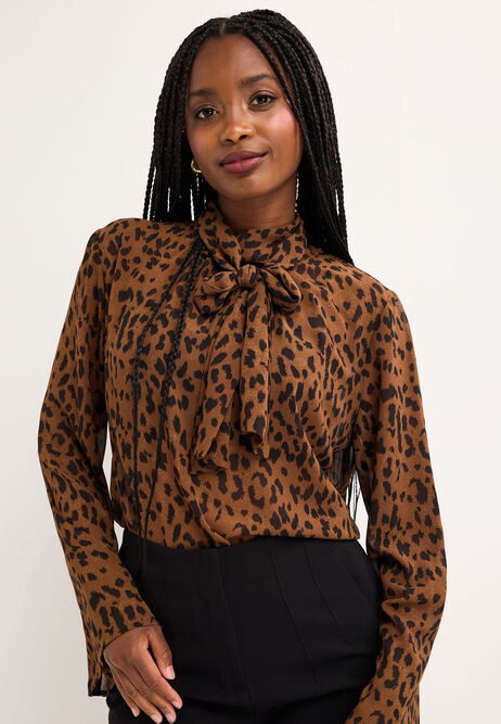 Womens Brown Animal Print Pussy Bow Blouse