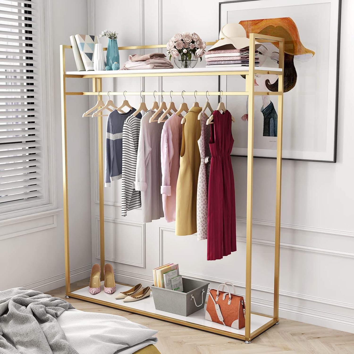 Heavy Duty Gold Clothing Rack with Shelves for Hanging Clothing, Gold Metal Freestanding Garment Rack for Retail Display (59 L)