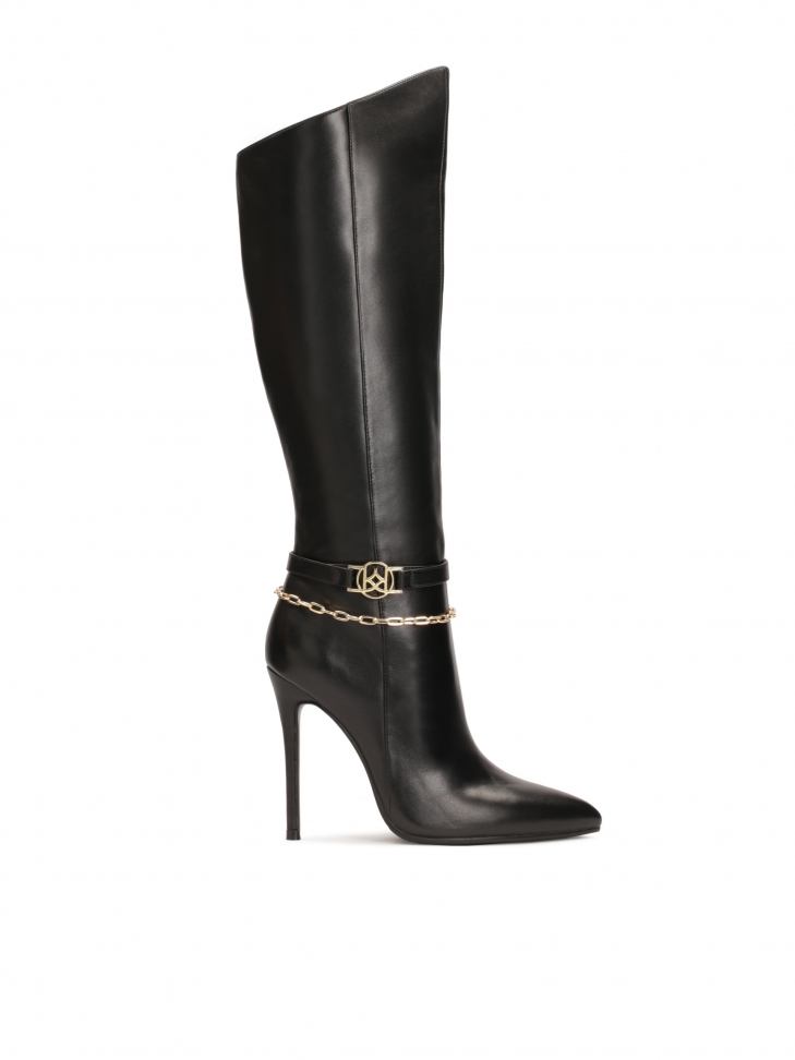 Black high stiletto boots with decorative chain