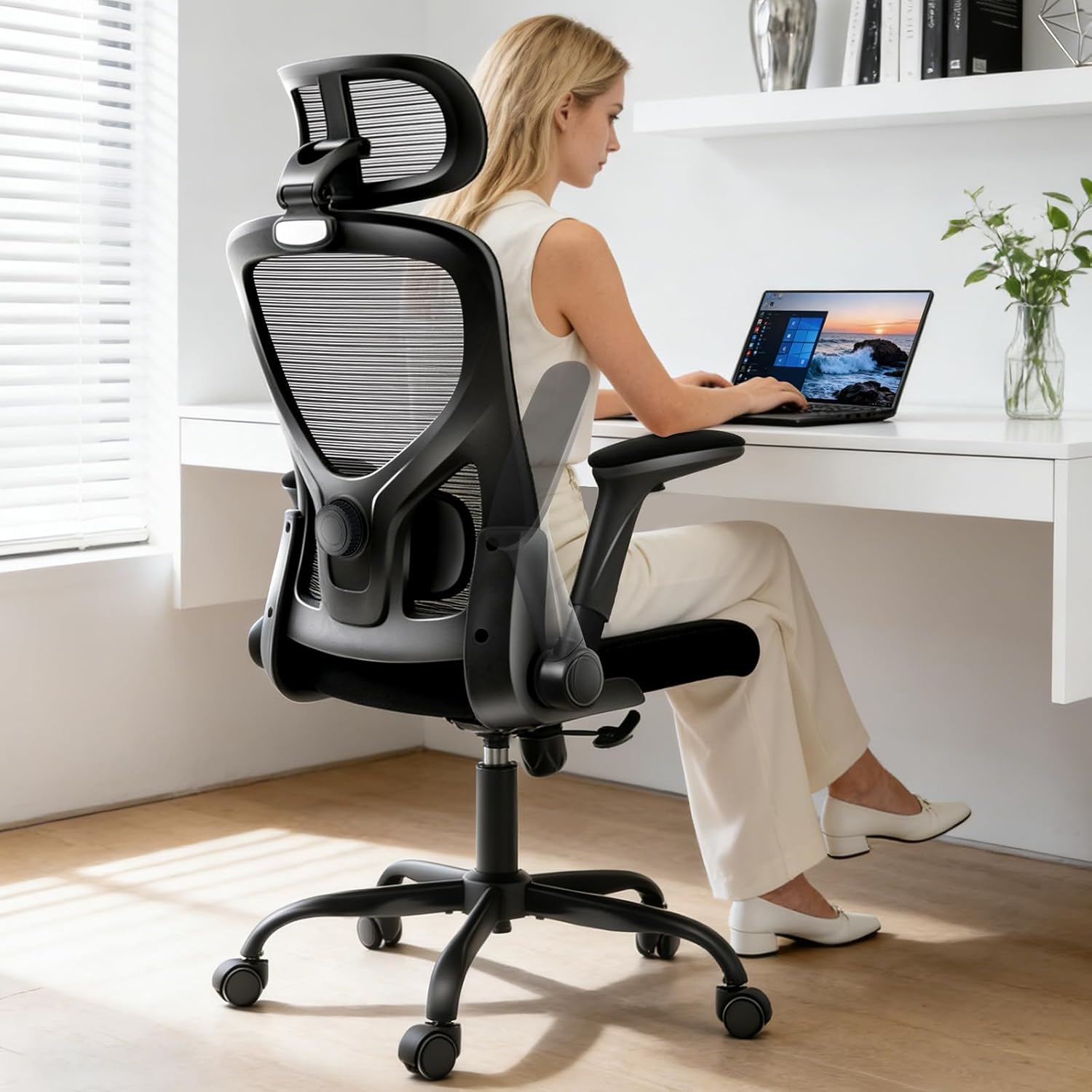 Office Chair,Ergonomic Office Desk Chair with 2D Adjustable Lumbar Support,3D Headrest,2D Arms,330LBS High Back Mesh Computer Home Office Chairs Rolling Tilting Swivel Executive Chairs Black