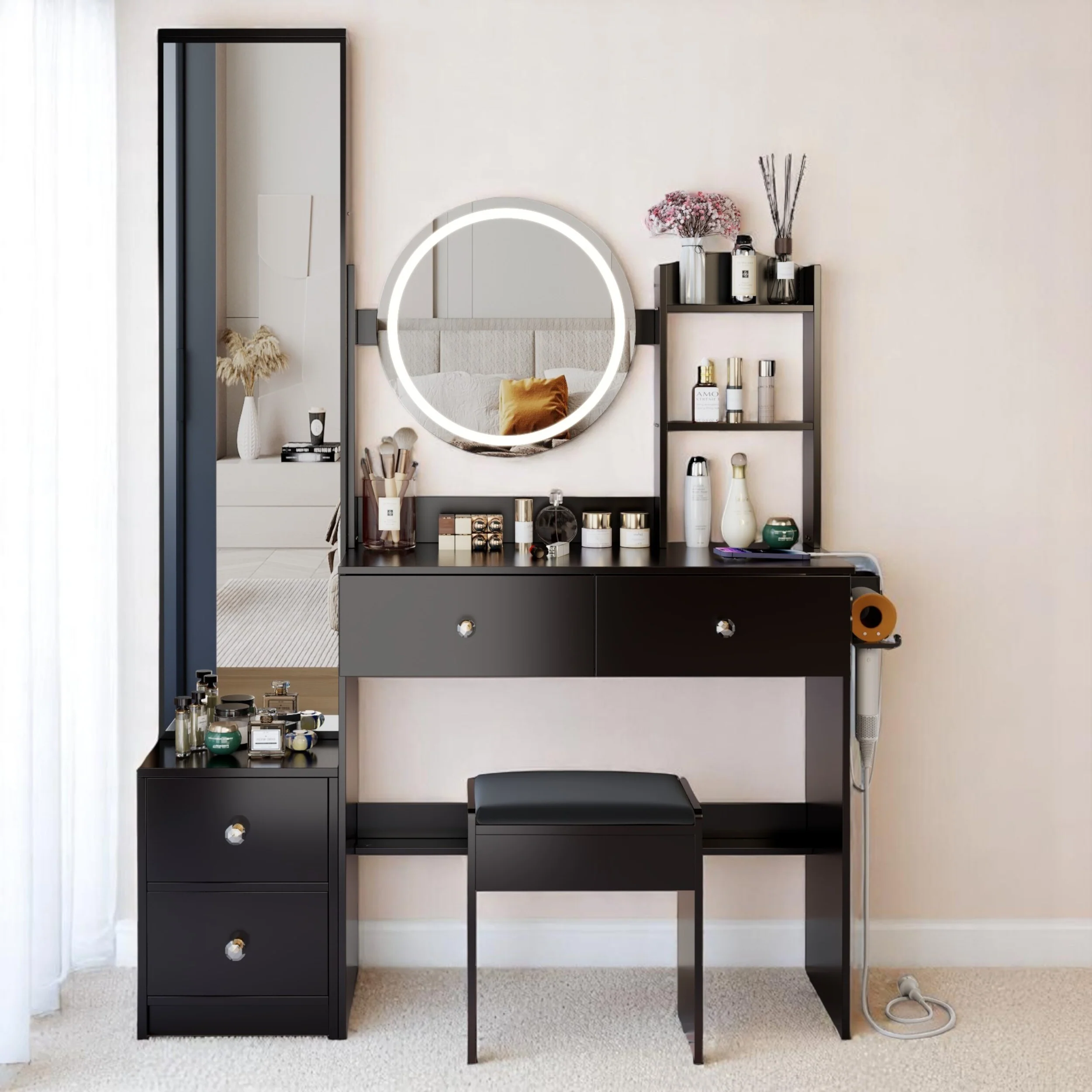 KISRAIS 43.3 Fashion Vanity Desk with Mirror and Lights, Cushioned Stool, Power Station, and Hair dryer bracket