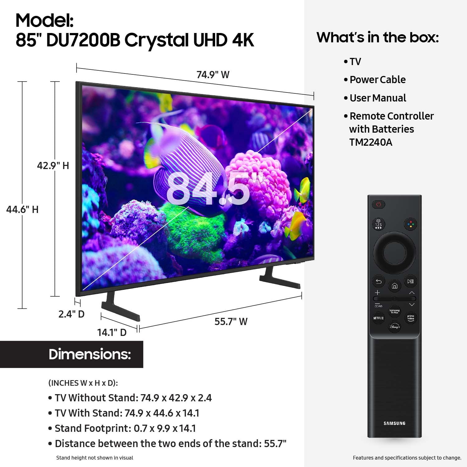 Samsung 85 Crystal UHD 4K Smart TV with PurColor & HDR DU7200B 2024 Model