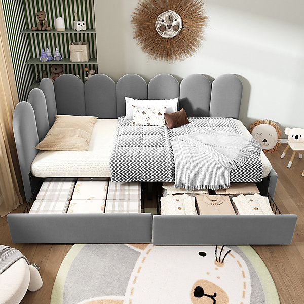 Lit Banquette Enfant Simple 90x190 cm - Lit Ado Capitonné avec 2 Tiroirs de Rangement, Velours Gris, Sans Matelas