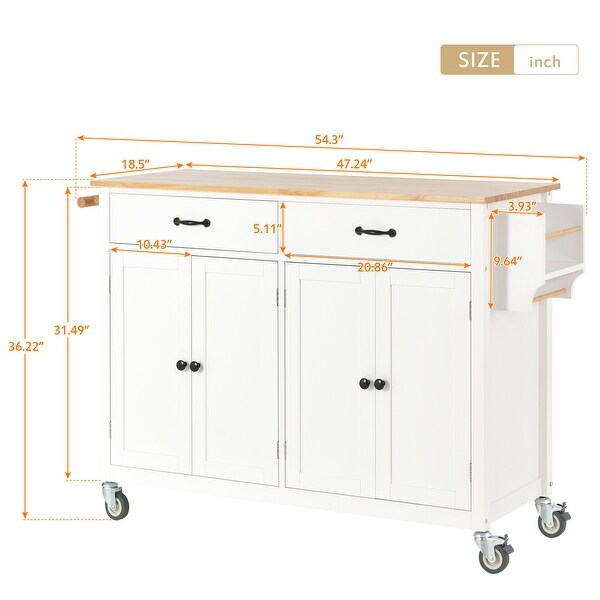 Kitchen Island Cart with Solid Wood Top and Locking Wheels, 4 Door Cabinet, Two Drawers, Spice Rack and Towel Rack