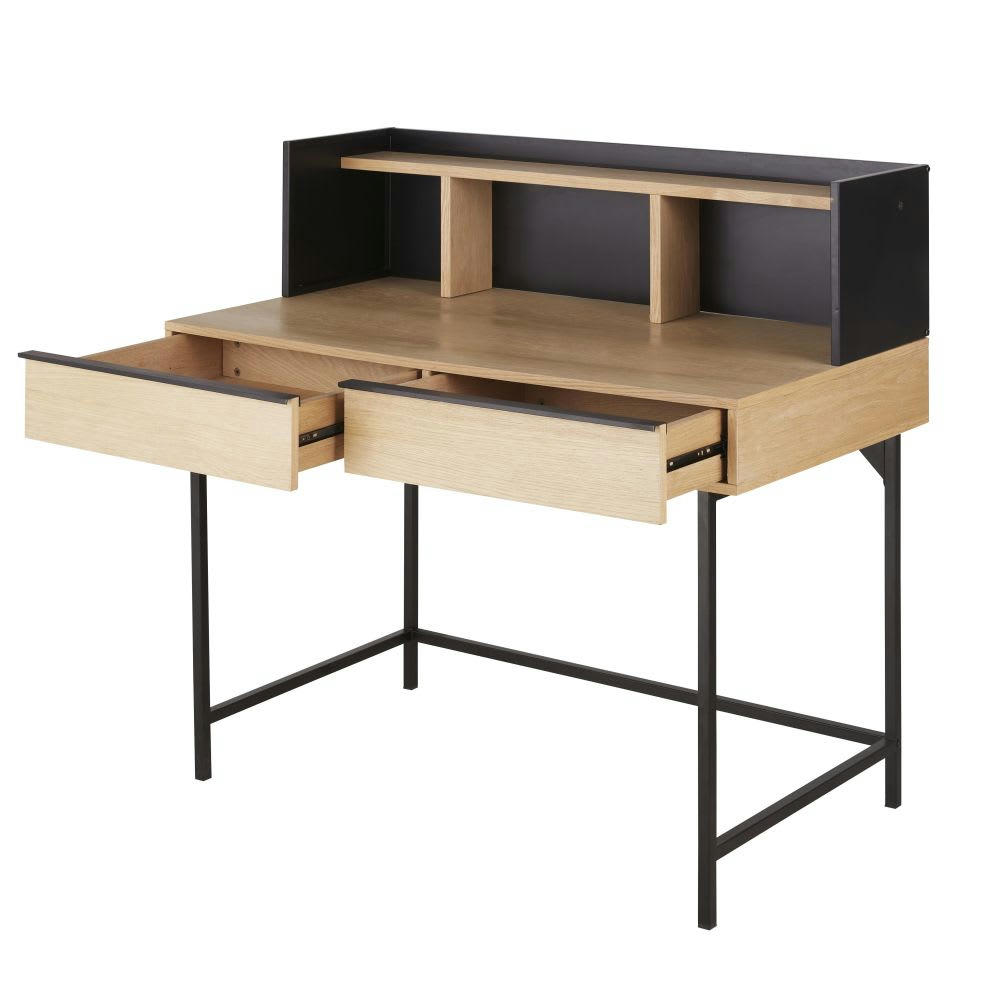 Mudo - Bureau 2 tiroirs 3 niches beige et noir