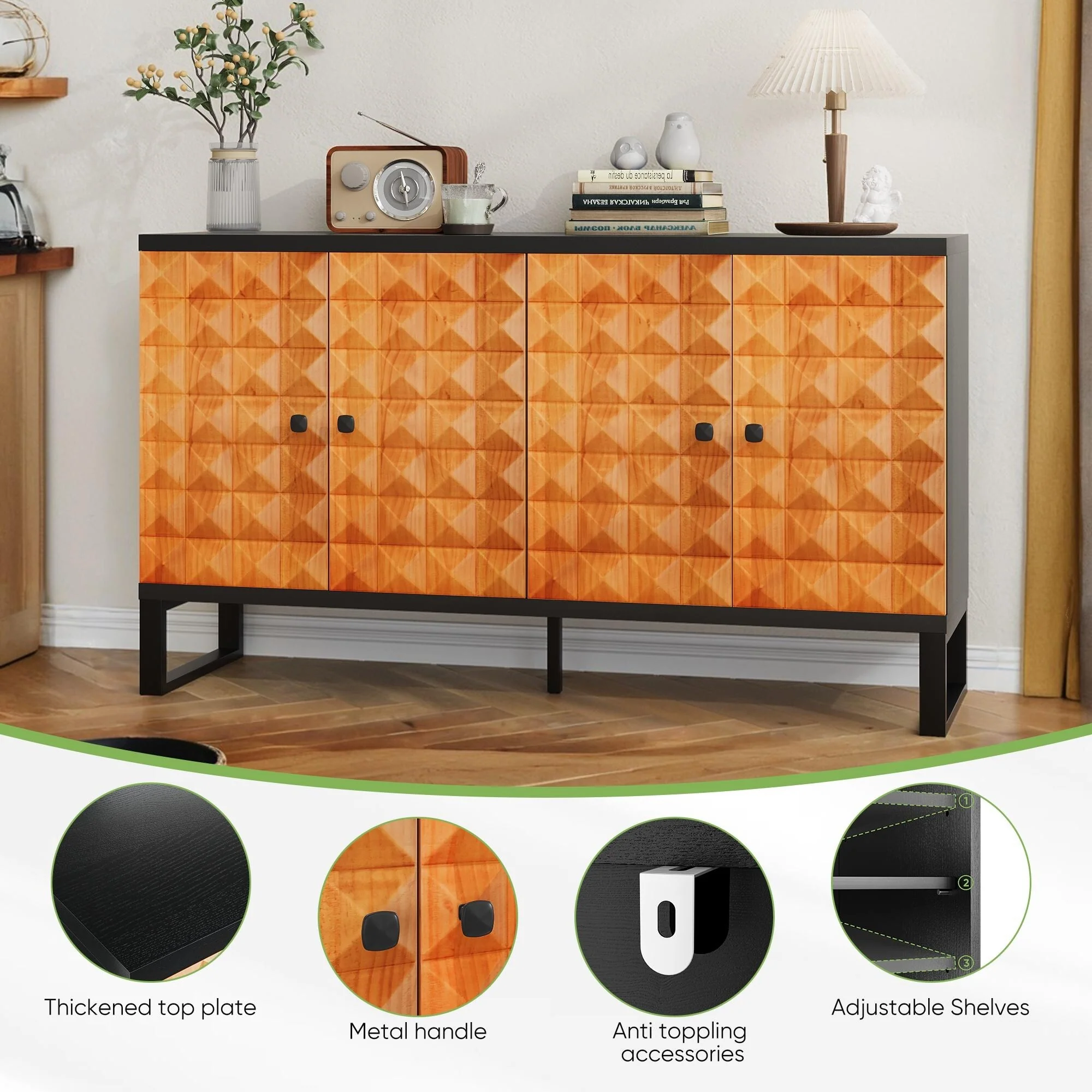 Four Door Sideboard Buffet Cabinet Accent Cabinet with Geometric Patterns, Wooden Storage Cabinet TV Console Table