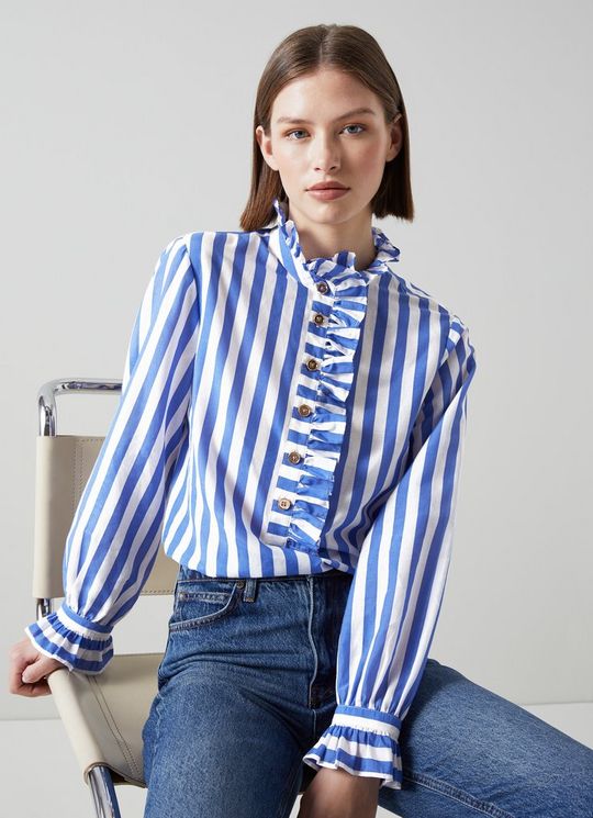 Camille Blue and White Stripe Cotton-Silk Ruffle Blouse