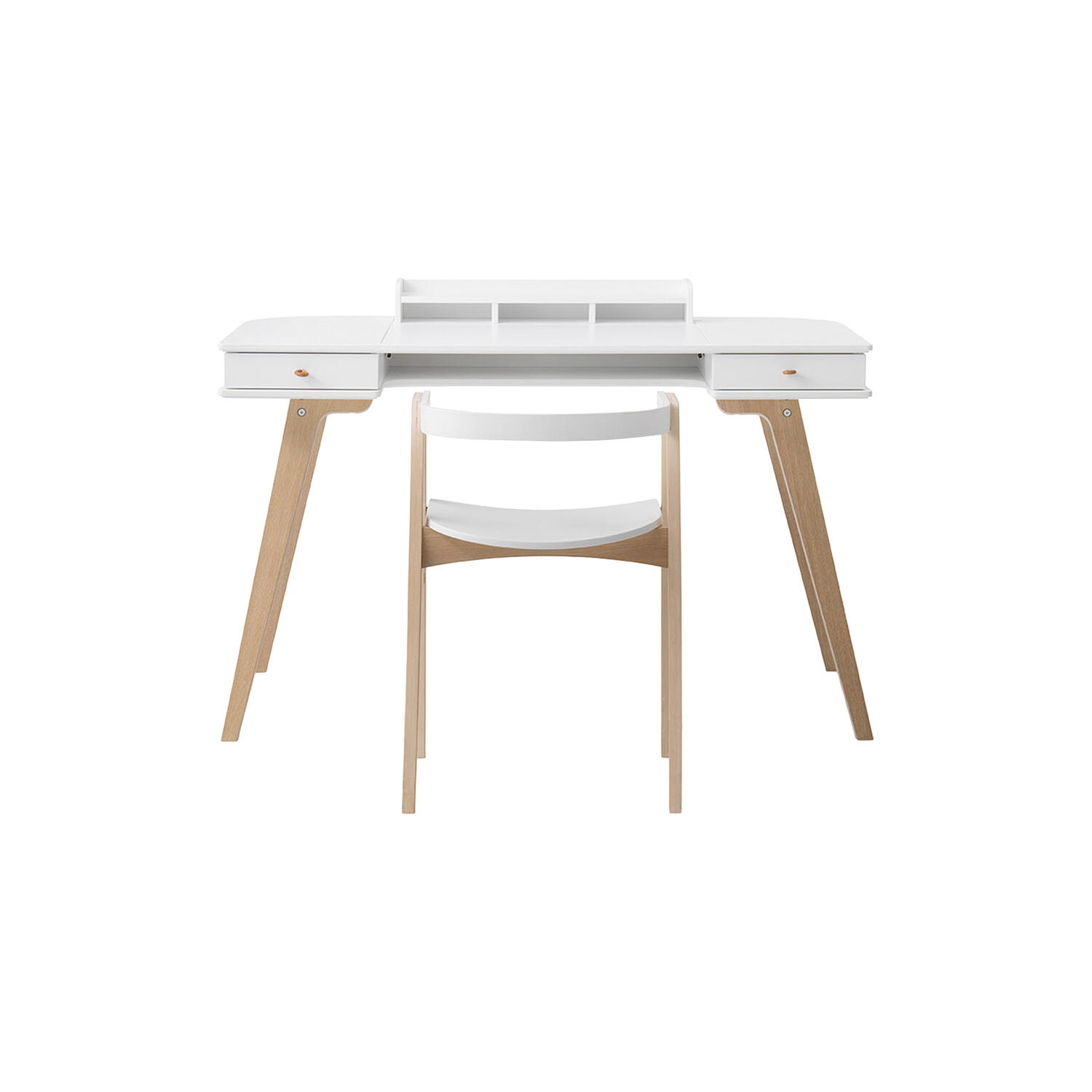 Wood skrivebord 72,6 cm & armstol s&aelig;t, hvid/eg