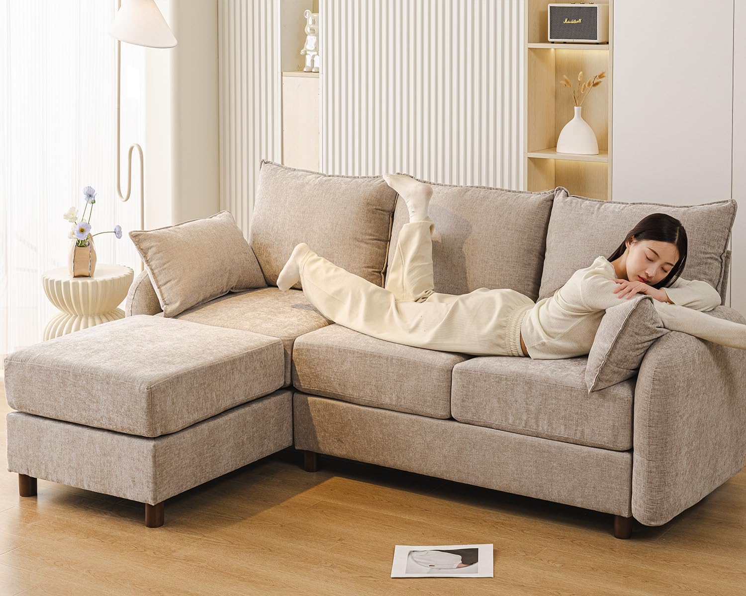 86'' Sectional Couches, L Shaped Couch with Movable Chaise Lounge,Comfy 3 Seats Sofa with Thick Cushion,Wood Legs,2 Throw Pillows,Sectional for Living Room,Bedroom,Apartment,Chenille,Khaki