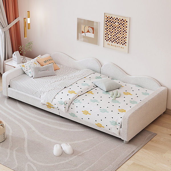 Canapé-lit rembourré 90 sur 200 cm lit multifonction avec dossier et accoudoirs tissu Teddy blanc pour adultes ou invités