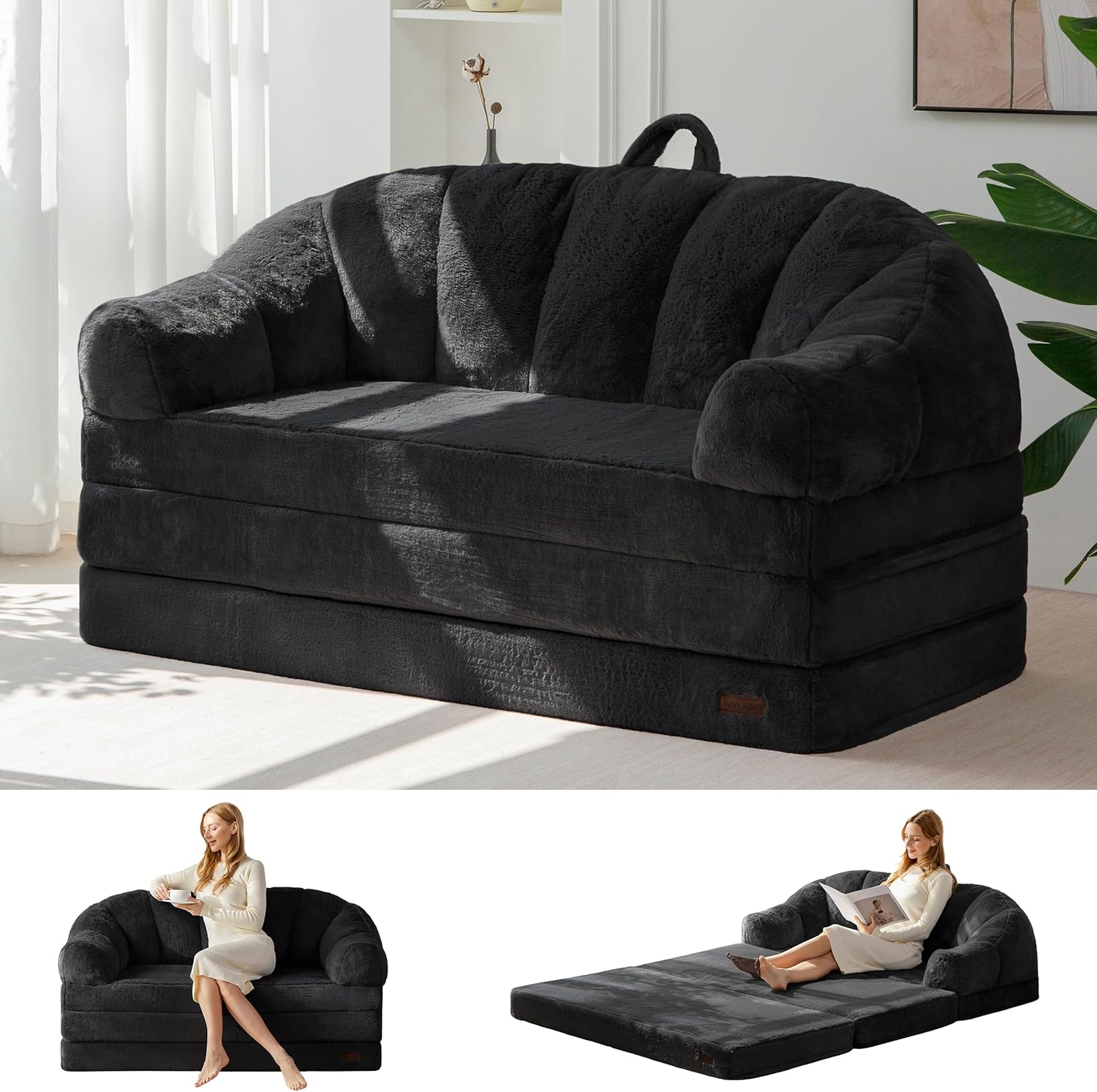 MAXYOYO Folding Sofa Bed, 2 in 1 Convertible Sofa to Lounger Comfy Loveseat Bean Bag Chair for Adults, Floor Sleeper Couch with Handle, Faux Fur Couch Bed for Living Room Bedroom, Black, Loveseat