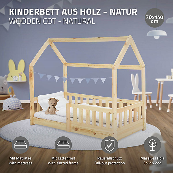 Lit d'enfant ML-Design 70x140 cm naturel en bois de pin massif style maison avec sommier et matelas