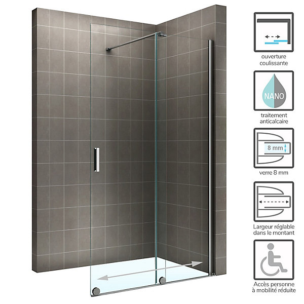 Paroi de douche italienne coulissante NAPOLI verre 8 mm transparent H.200 x 180 cm - Saniverre