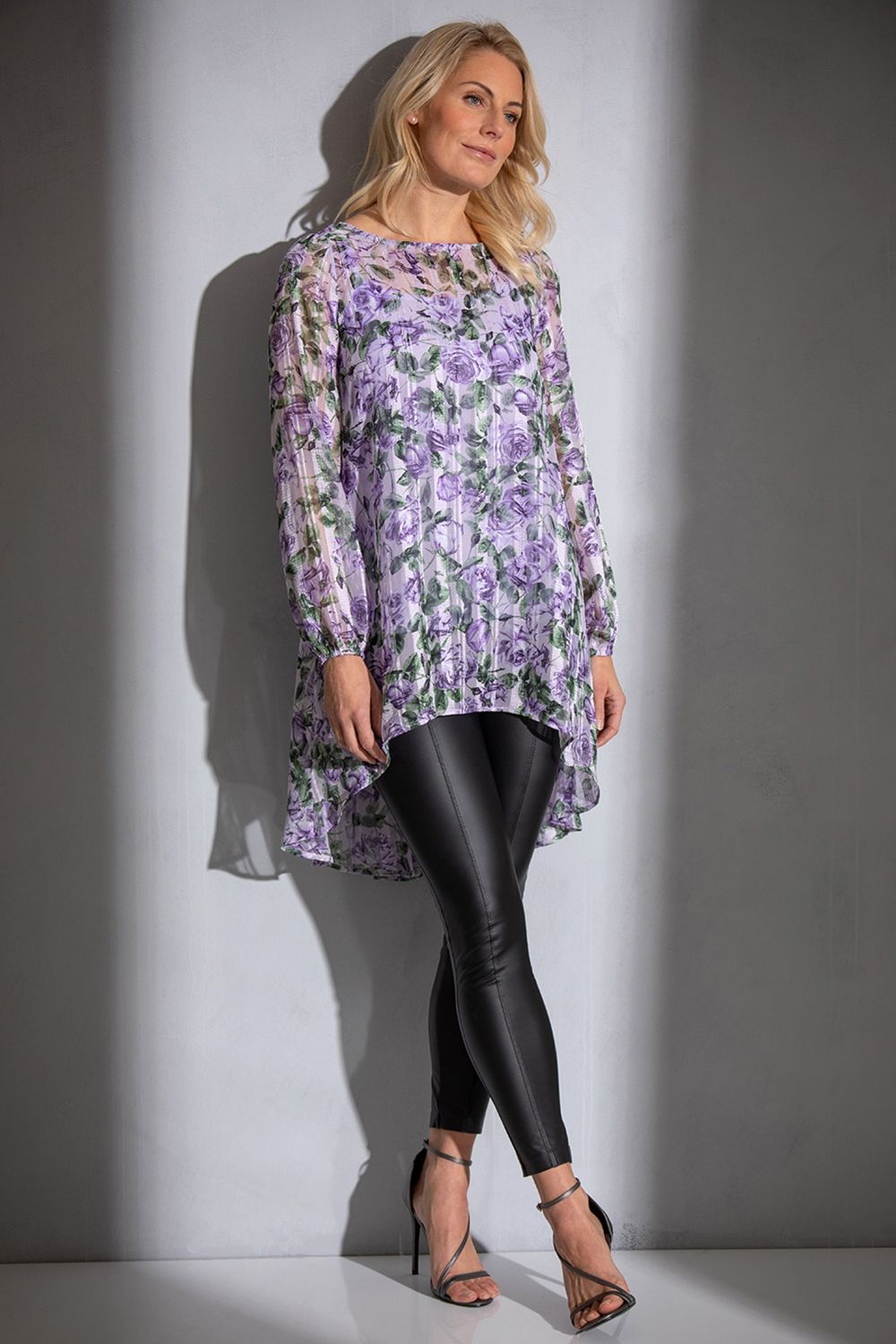 Klass. Floral And Stripe Shimmer Dip Hem Georgette Tunic Top