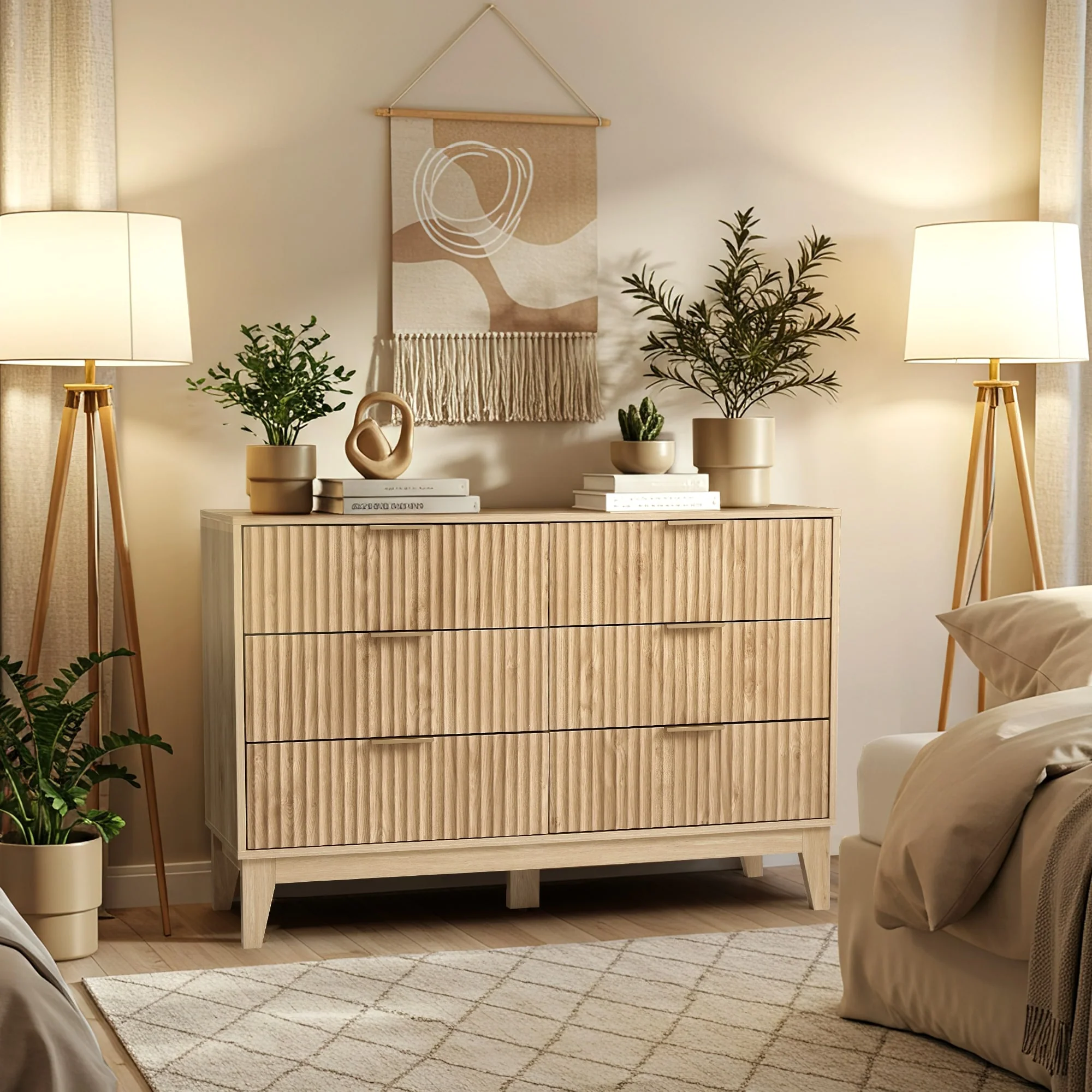 EROMMY Fluted Dresser 6 Drawer Mid Century Modern Dresser Wide Chest of Drawers with Metal Handles for Bedroom Living Room