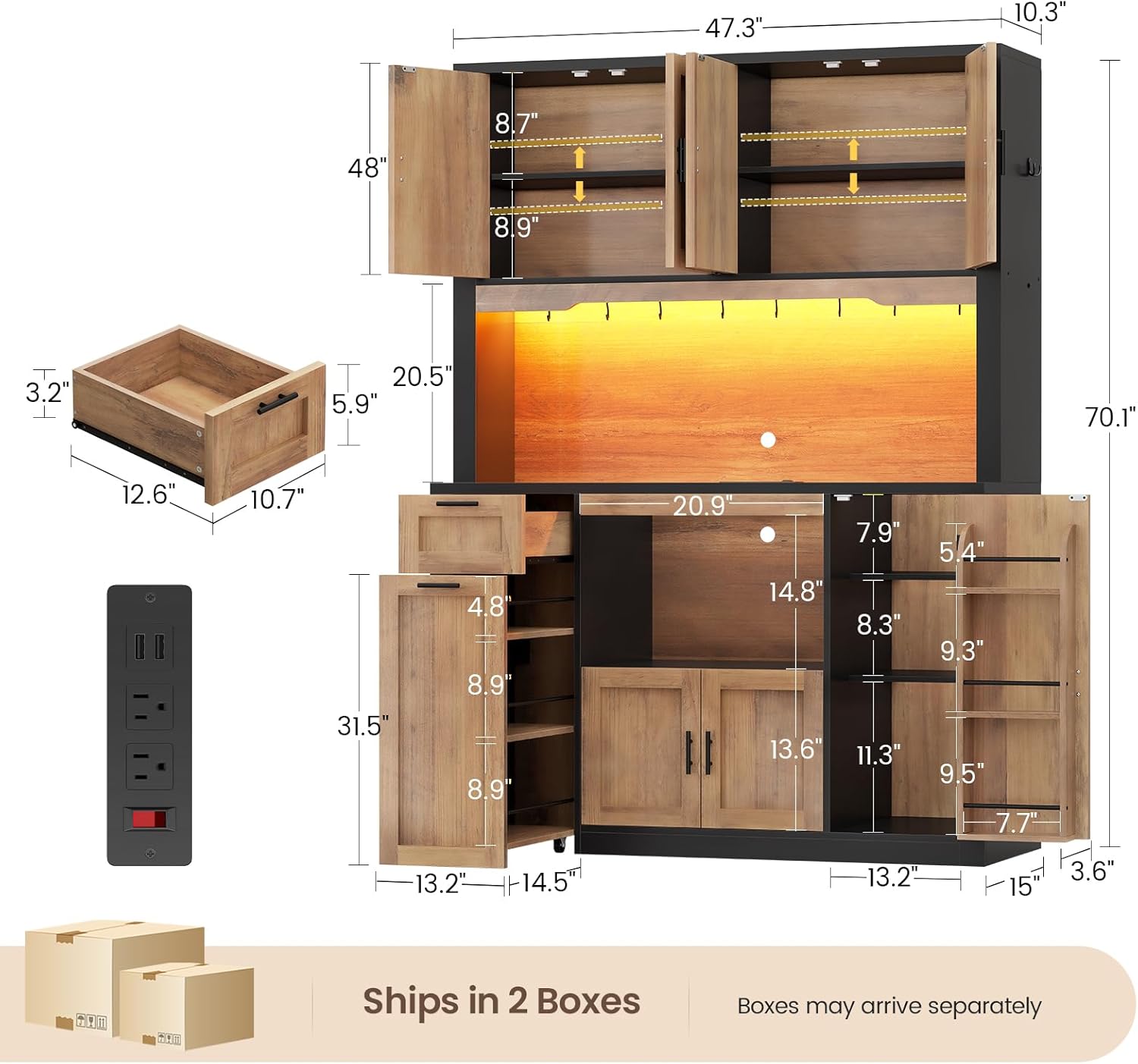 Itaar 71 Pantry Cabinet with Charging Station and LED Light, Kitchen Pantry Cabinet with Microwave Stand, 47.2 Wide Kitchen Storage Cabinets with Storage Cart 3 Tier for Dining Room (Brown)