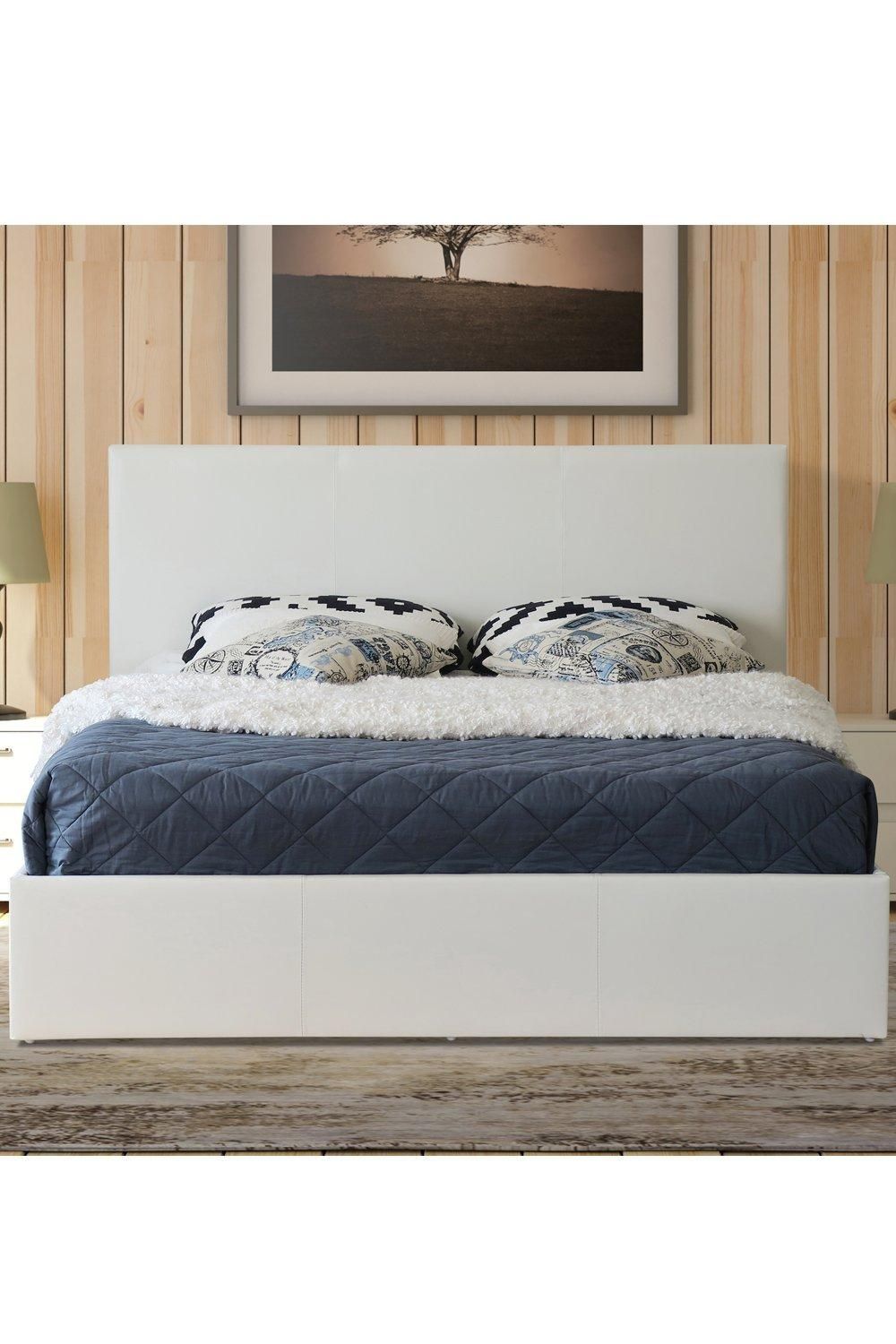 Modernique Leather Ottoman Storage Bed with Wooden Slatted Gas Liftup Base.
