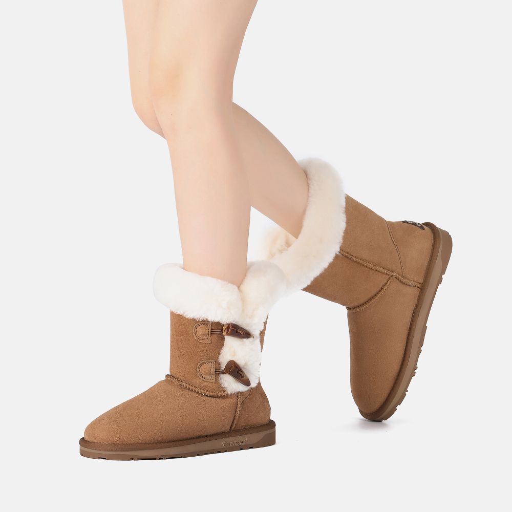 EverAu Australia Real Sheepskin Stork Horn Toggle button Short Boots with TPR Sole
