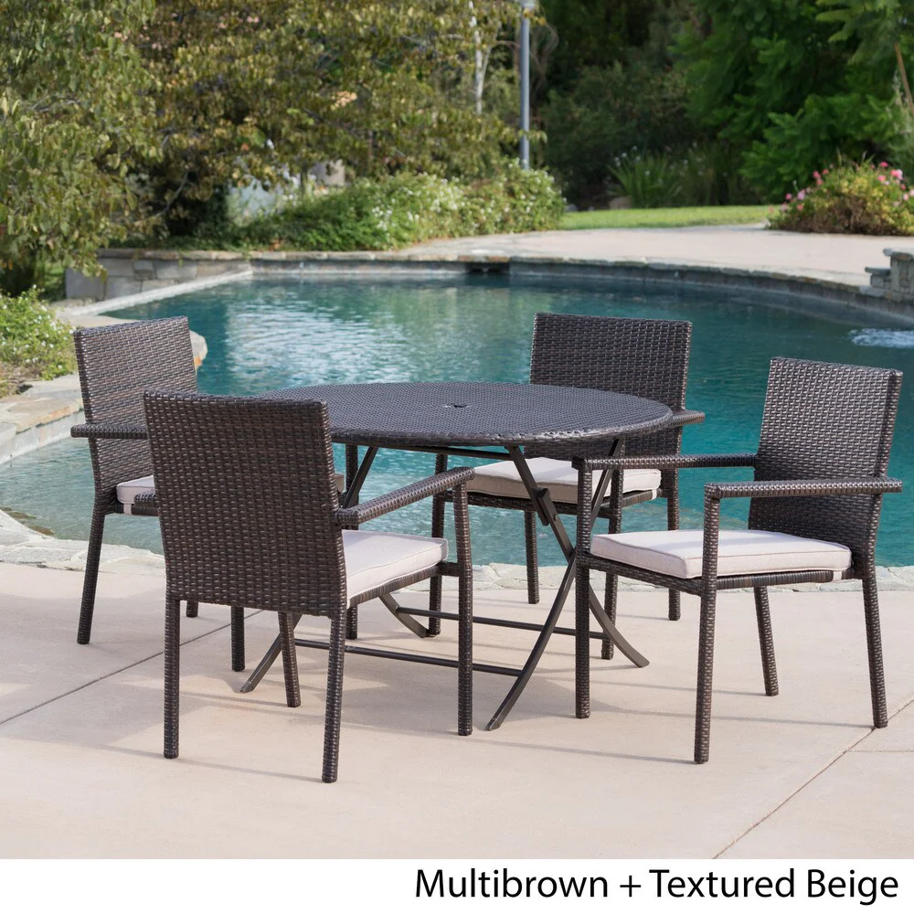 Adler Outdoor 5-Piece Round Foldable Wicker Dining Set with Umbrella Hole & Cushions by Christopher Knight Home