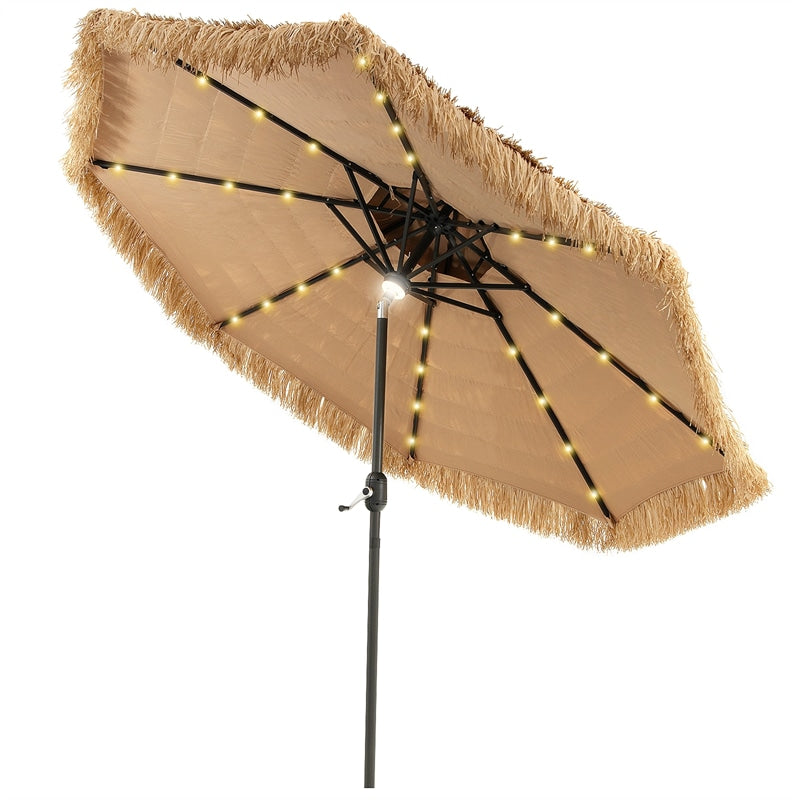 9FT Thatched Tiki Patio Umbrella Grass Beach Umbrella with Solar LED lights