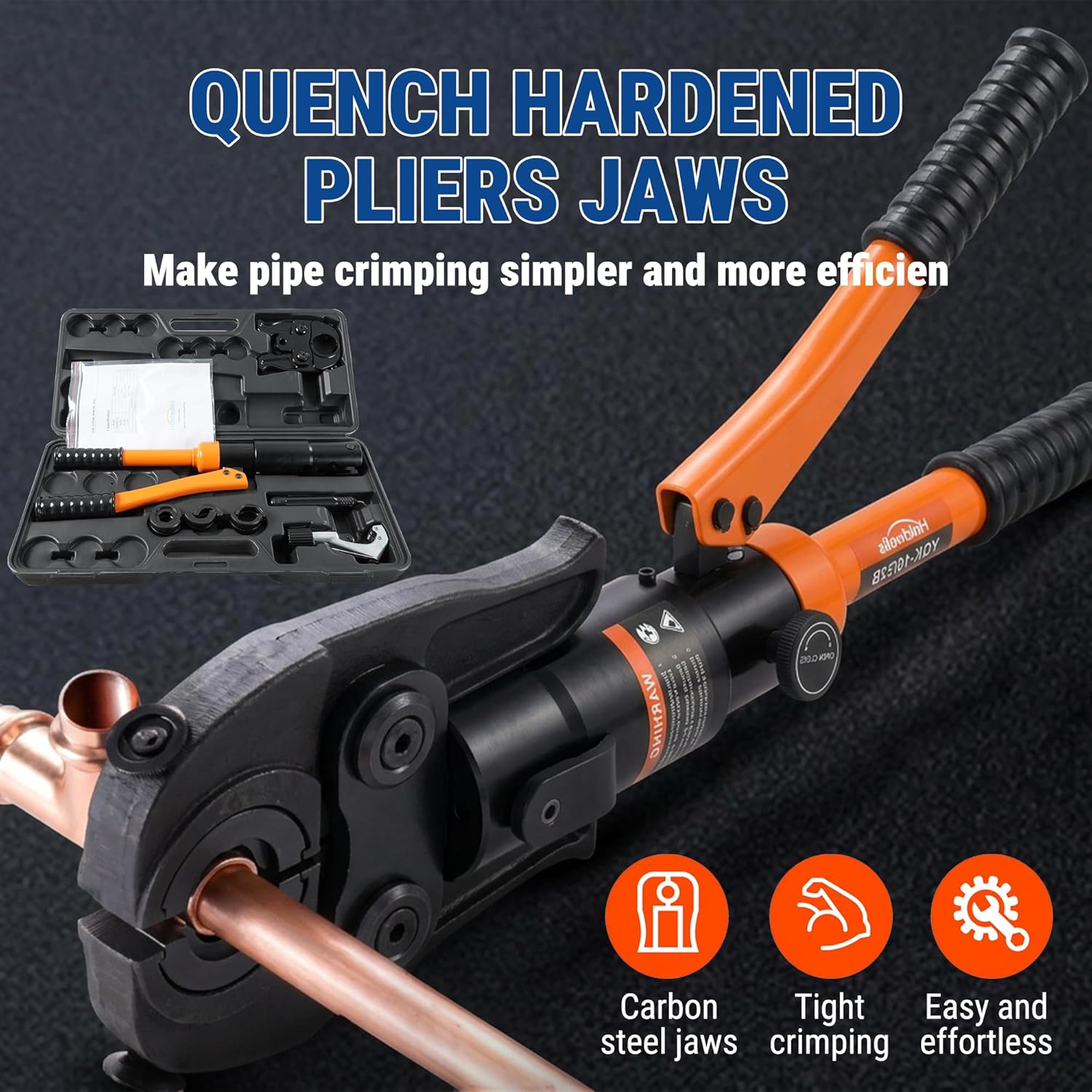 HoldwellS Copper Pipe Crimping Tool 3 VUS Jaws (1/2,3/4,1) for Copper Pipes 360° Rotatable Head with Pipe Cutter & Deburring Tool, Copper Tube for Narrow Space/Tee/Elbow Fittings with Carrying Case