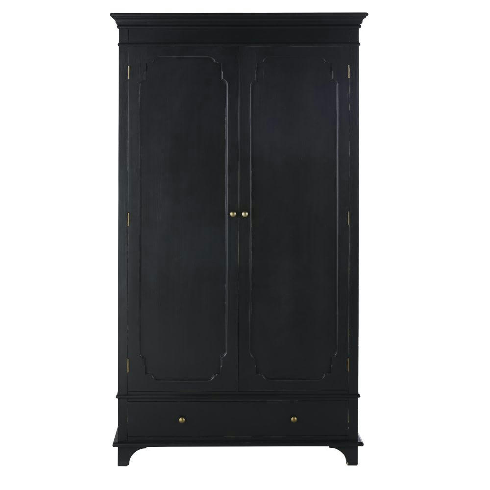 Selena - Armoire 2 portes 1 tiroir noir charbon et métal coloris laiton