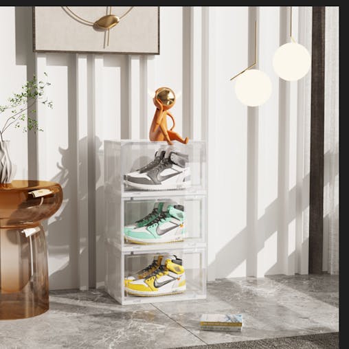 SOGA2X 3 Tier Transparent Portable Shoe Organiser Sneaker Footwear Folding Plastic Bin Stackable Storage Box with Magnetic Door