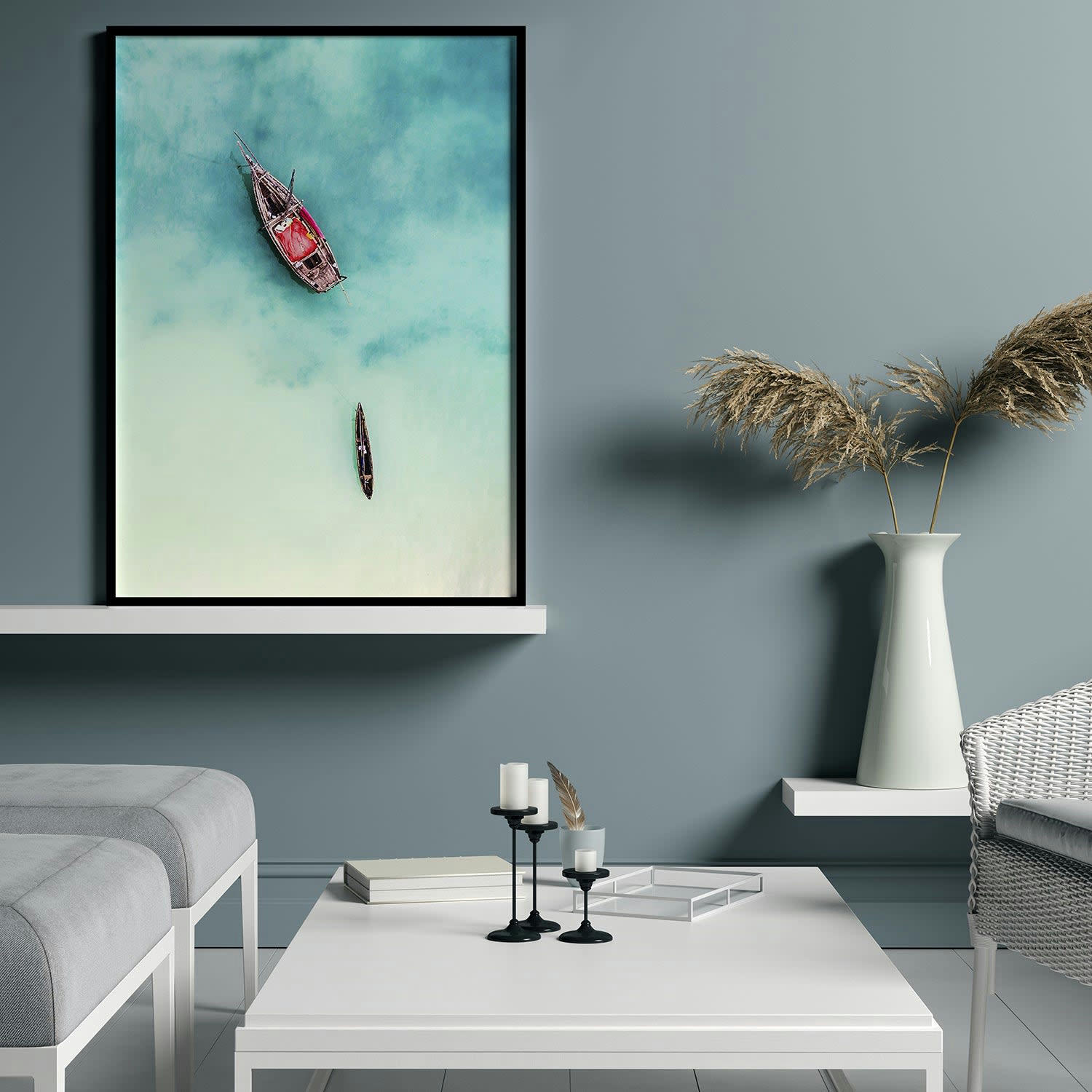 MAR - Affiche avec cadre noir - Barques - 30x40